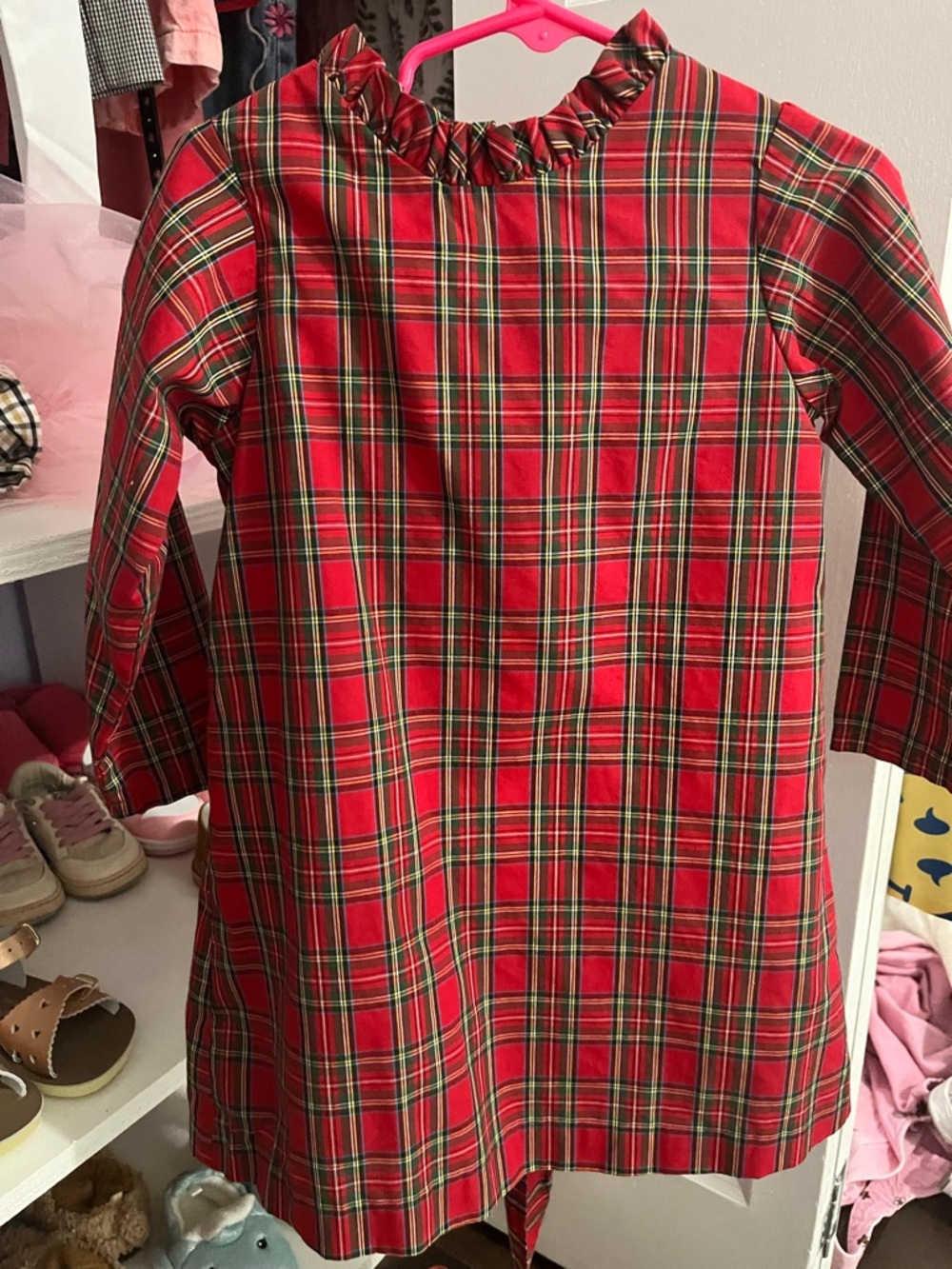 Girls Red Plaid Ruffle Neck Dress